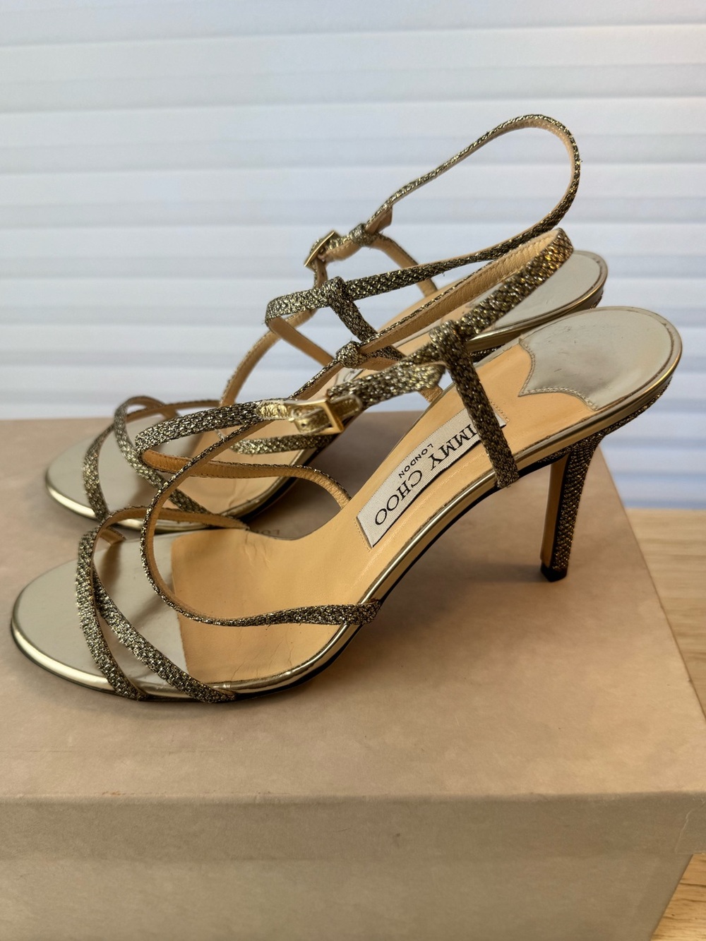 Jimmy Choo Metallic Gold Strappy Stiletto Sandals - Picture 3 of 7